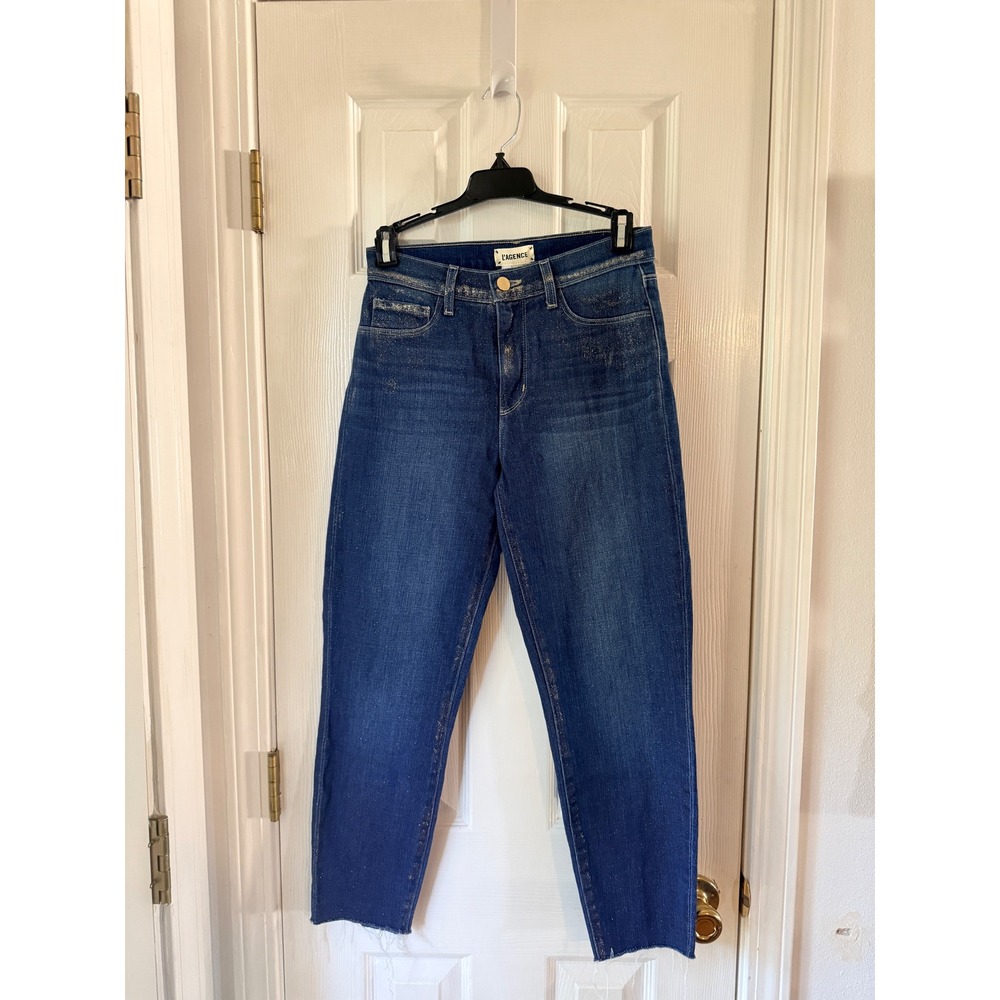 L'AGENCE El Matador Slim High Rise Jeans 25 Fremont Gold Glitter Coated Indigo